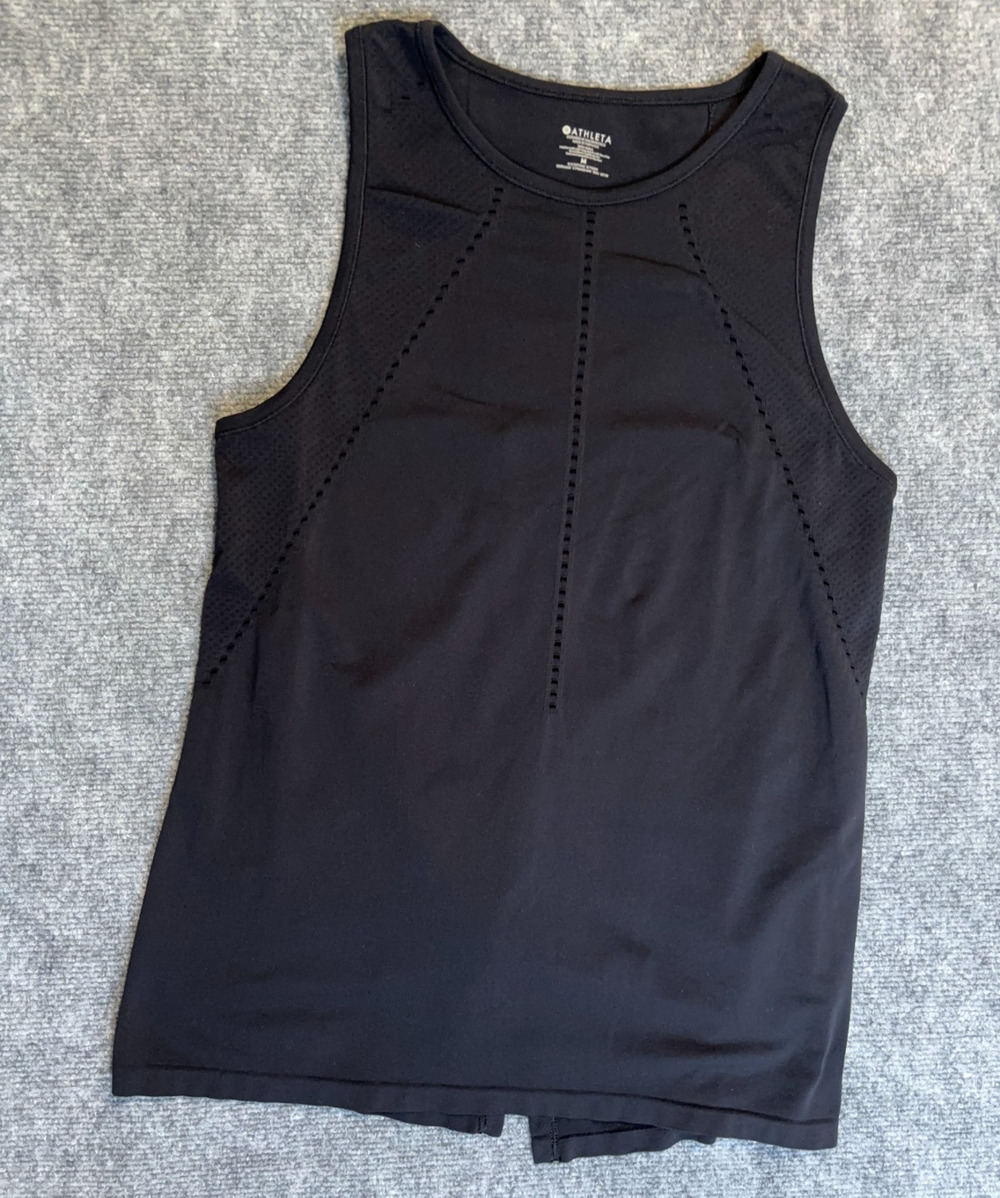 Athleta Womens Medium Black Athletic Tank Split Back Laser Cut Yoga Workout